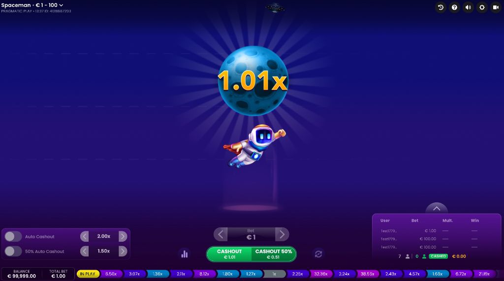 Демонстрационный режим Spaceman, текущий коэффициент 1.01x