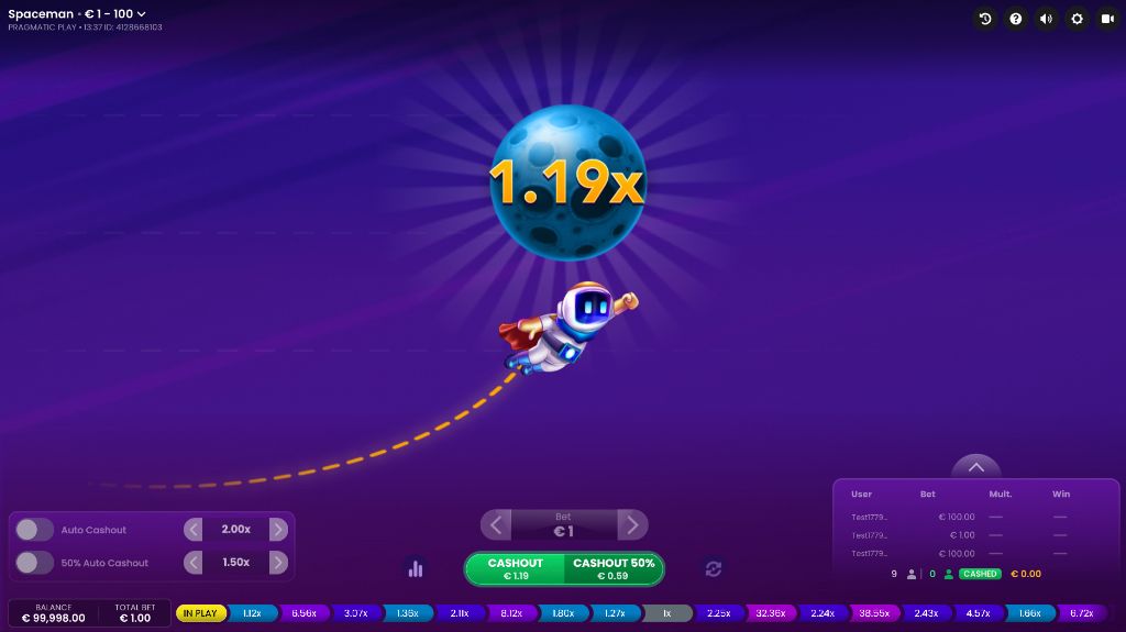 Игровой процесс краш-игры Spaceman, множитель 1.19x